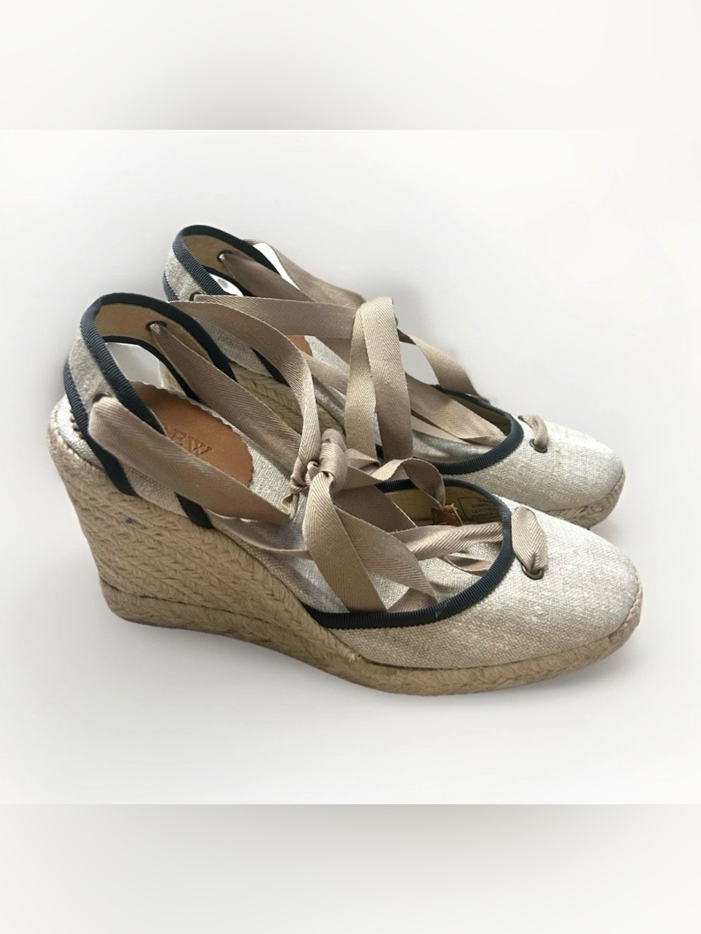 J.Crew Sandals Espadrille Sz 7 Beige Linen Lace Up  Wedge Ankle Tie Spain